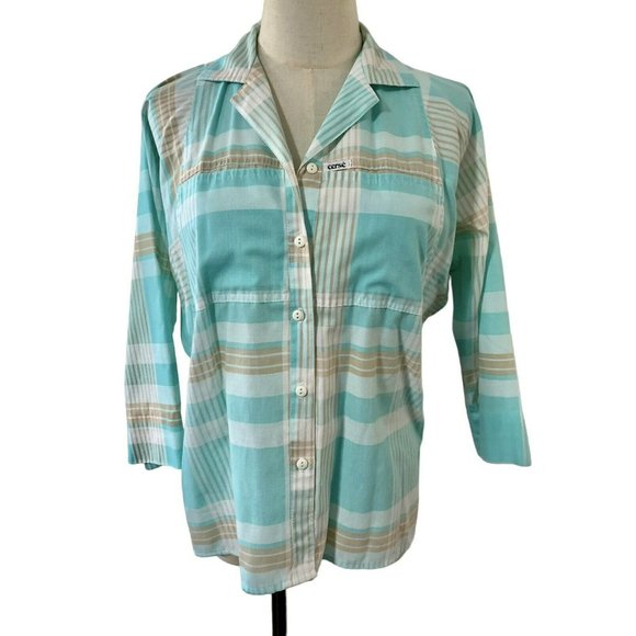 Vintage top 70s 80s Blouse Shirt Button Pastel Blue Brown Bat Wing Plaid CERSE - Picture 6 of 10